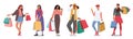 Young Women Holding Colorful Shopping Bags. Stylish Female Characters Having Fun While Doing Shopping Illustration Royalty Free Stock Photo