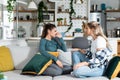 Young women lesbian couple LGBTQ+ roommates having argue due the infidelity and cheating. Two girls in relationship having difficu Royalty Free Stock Photo