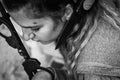 Young women locked with handcuffs to radiator