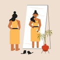 Young women looking in mirror. Abstract cartoon female character, self love concept flat minimal style. Vector design