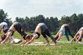 Healthy Lifestyle. Women practice yoga outdoors making dog pose on mat concentrated Royalty Free Stock Photo