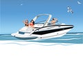 Young women and men resting on yacht, vector illustration