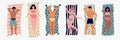 Young women and men sunbathing on the beach set on towels. Beach banner with cartoon characters. Summer illustration for Royalty Free Stock Photo