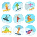 Young women and men in winter sportswear practicing snowboarding on snow Royalty Free Stock Photo