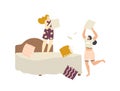 Young Women in Pajamas Jumping on Bed Having Pillow Fight or Battle at Home. Female Characters Friendship, Party Relax