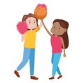 Young women playing basketball and cheerleader