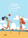 Young women playing volleyball together on the beach vector illustration. Happy girls in bikini outdoor activities. Summer holiday Royalty Free Stock Photo