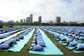 The young women are practicing yoga on first World yoga day in Kolkata.