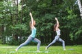 Two women practicing yoga in park.