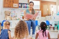 We learn a lot through reading. a young woman reading to her preschool students. Royalty Free Stock Photo