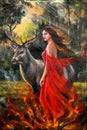 A young women in red burning dress stand with a deer against the forest. Oil painting. Royalty Free Stock Photo