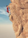 Young women in red dress and high heels climber