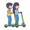 Young women riding electric scooter with headphones