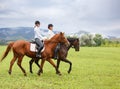 Young women riding horses on mountain meadow Royalty Free Stock Photo