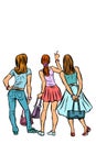 Young women shoppers back. Isolate on a white background