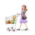 Young women shopping at the grocery store. Watercolor illustration. Royalty Free Stock Photo