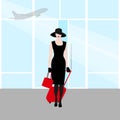 The Young women silhouette, walking with the red suitcase. Stylish chic lady in a hat. Travel, airport vacation trip