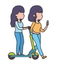 Young women with smartphone and electric scooter