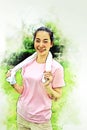 Young women sport smile portrait on watercolor illustration painting background. Royalty Free Stock Photo