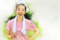 Young women sport smile portrait on watercolor illustration painting background. Royalty Free Stock Photo