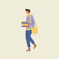 Young women student carrying bunch of books from the library or book store illustration in vector.