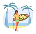 Young women in surf suit walks along the ocean or sea, flat cartoon stile. Concept of summer sports and leisure outdoor