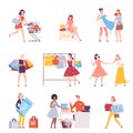 Young Women Taking Part in Seasonal Sale at Store, Mall Set, Girls Carrying Shopping Bags and Boxes with Purchases Flat Royalty Free Stock Photo