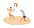 Young women tossing ball on beach. Cheerful people playing volleyball in summer. Scene of recreation and vacation Royalty Free Stock Photo