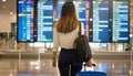 Young women tourist looking at flight schedule for travel. Portrait in back view. Generative ai