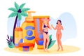 Young women use sunblock cosmetic. Summer face and body solar protection care concept. Vector characters illustration