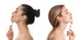 Young women using face roller on white background, collage. Banner design Royalty Free Stock Photo