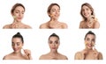 Young women using face roller on white background, collage Royalty Free Stock Photo