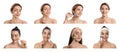 Young women using face rollers on white background, collage. Banner design Royalty Free Stock Photo