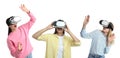 Young women using virtual reality headset on white, collage. Banner design Royalty Free Stock Photo