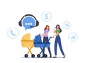 Young Women Walking with Baby Strollers Call to Client Support Service or Telemarketing Store for Ordering Goods Royalty Free Stock Photo