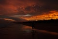 Young women walking on beach with a colorfull sunset in the background at Noosaville beach, Sunshine Coast, Australia. Royalty Free Stock Photo