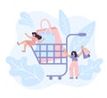 Young women walking with shopping cart. vector Illustration flat design tiny people rolling shopping bags full of Royalty Free Stock Photo