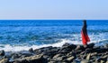 Young women wearing red saree on the beach. Girl in traditional Indian sari among the rocks and enjoying the freedom. Royalty Free Stock Photo