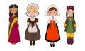 Young women wearing stylish various national costumes vector illustration
