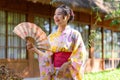 Young women wearing traditional Japanese kimono or yukata is happy and cheerful in the park Royalty Free Stock Photo