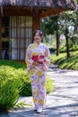 Young women wearing traditional Japanese kimono or yukata is happy and cheerful in the park Royalty Free Stock Photo