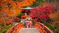 Young women wearing traditional Japanese Yukata at Daigo-ji temp Royalty Free Stock Photo