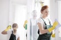 Woman cleaning window frame