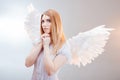 An angel from heaven. Young, wonderful blonde girl in the image of an angel with white wings. Royalty Free Stock Photo