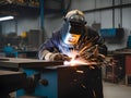 young worker in protective mask working with metal sparks