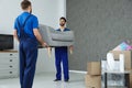 Young workers carrying sofa in room