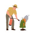 Young worried forest ranger cartoon character extinguishing fire on spruce tree isolated on white Royalty Free Stock Photo