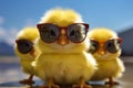 Young yellow chick dons tiny sunglasses, a soft, adorable farmer