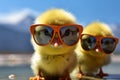 Young yellow chick dons tiny sunglasses, a soft, adorable farmer