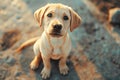 A young yellow Labrador Retriever puppy stands attentively